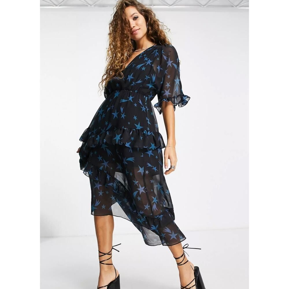 Topshop Black Blue Stars Celestial Ruffle Midi Dress Women's Size 4 NWT